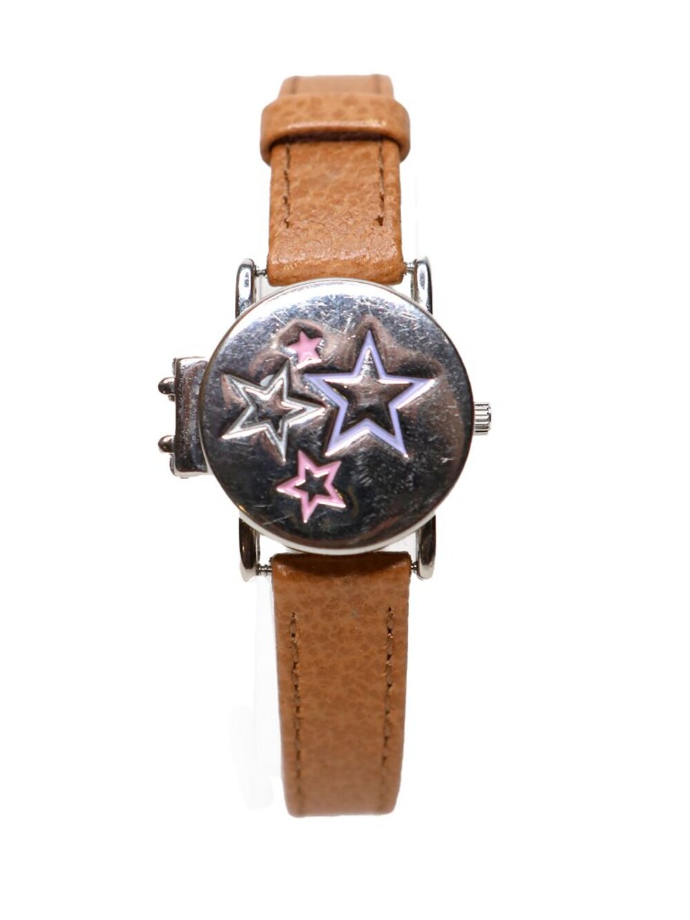 Vintage Disney Hannah Montana Star Flip Cover Wrist Watch Brown Leather Strap
